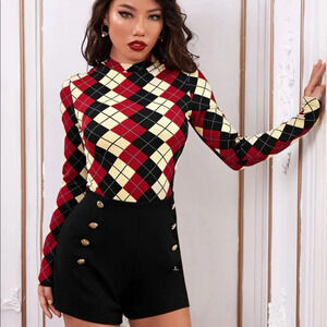 Argyle Black, Red & Yellow Mock Neck Form Fitting Top - Size Small